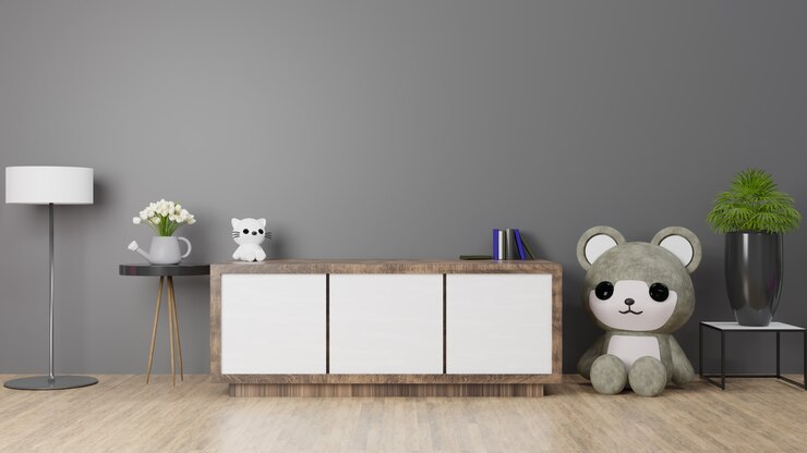 Interni rendering 3d con bambola carina e cornice fotografica