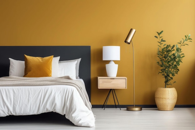 Interni scandinavi con parete color senape Una camera da letto con una pianta lampada da comodino Generative AI