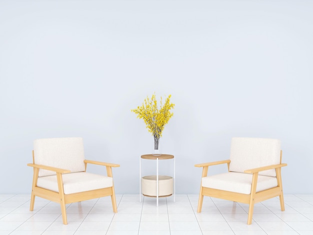 Interni scandinavi del soggiorno Due divani singoli e fiori sui tavoli laterali rendering 3d