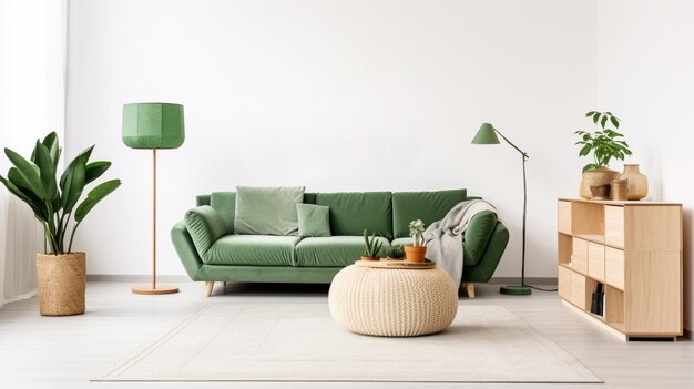 Interni scandinavi eleganti del soggiorno con arredamento verde velluto divano pouf mobili in legno