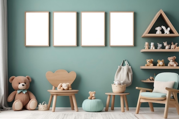 Interni scandinavi per la stanza dei bambini con giocattoli, poltrone, poltrone, mobili, decorazioni e accessori per bambini