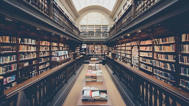 Interni sereni della biblioteca con file di libri e tavoli da lettura architettura classica e centro di conoscenza immagine perfetta per temi accademici AI