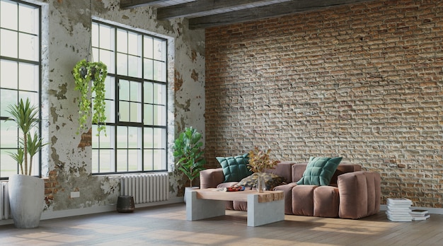 Interni sgangherati con pareti in mattoni grezzi e comodo divano in stile industriale 3d render