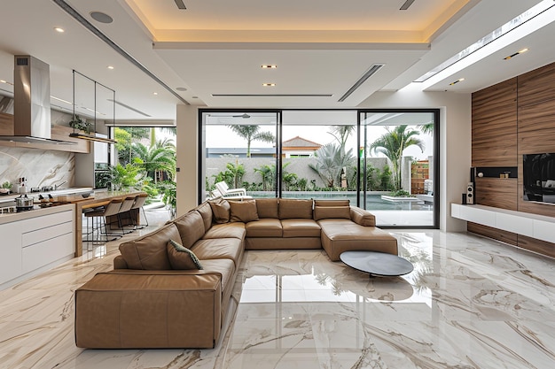 Interni spaziosi e lussuosi in un soggiorno moderno con un design elegante