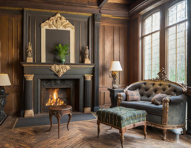 Interni tradizionali di ispirazione inglese pannelli in legno scuro mobili classici motivi a quadri caminetto accogliente