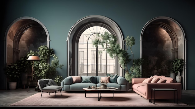interni verdi minimalisti moderni con divano con pianta