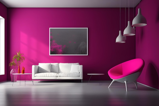 Interni vivaci con sedie accoglienti e decorazioni rosa in una stanza vuota