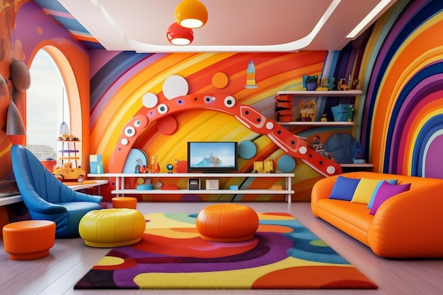 Interni vivaci della sala giochi per bambini con intelligenza artificiale generativa dal design colorato