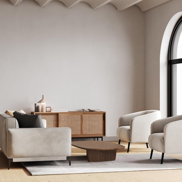 Interno 3d di un soggiorno interno in stile Japandi un design con semplicità elementi naturali e minimalismo