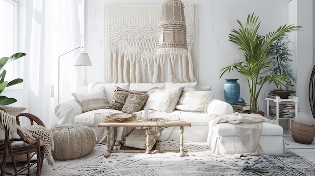 Interno accogliente bianco del soggiorno in stile boho costiero soggiorno interno interno generativo Ai