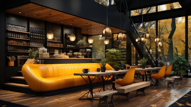 Interno accogliente del caffè con divani e tavoli per un pranzo rapido angolo di vista panoramica spazio di copia