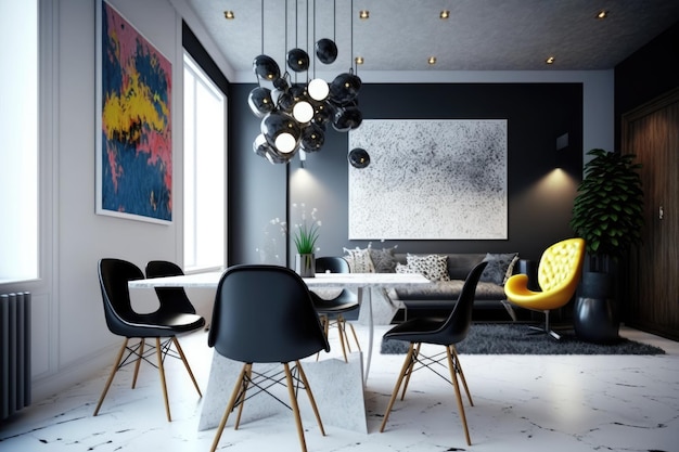 Interno accogliente del soggiorno con mobili e opere d'arte alle pareti IA generativa