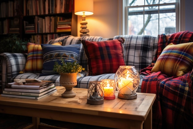 Interno accogliente del soggiorno invernale con divano beige, coperta lavorata a maglia e cuscini a quadri Illustrazione generata da AI