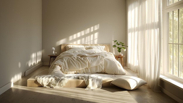 Interno accogliente della camera da letto con la calda luce mattutina che filtra