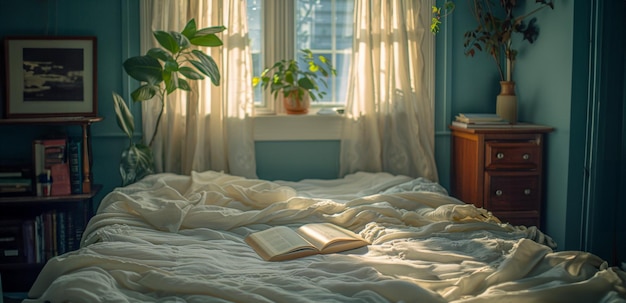 Interno accogliente della camera da letto con libro aperto sul letto e luce solare attraverso le tende