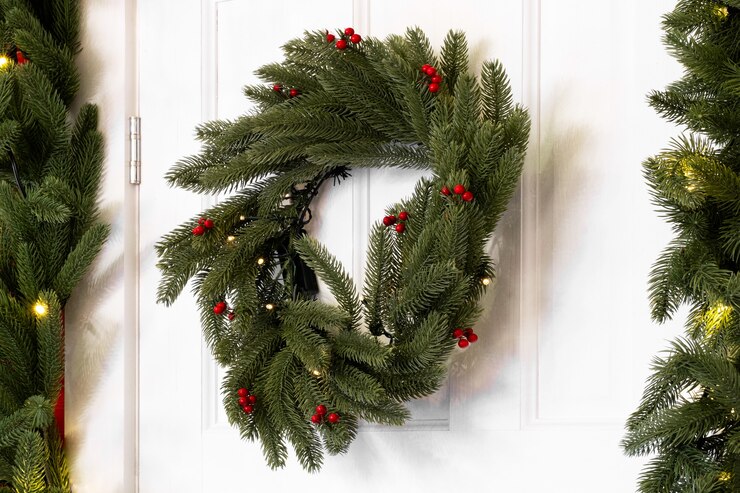 Foto interno alla moda del corridoio con la porta decorata ed i regali di natale,