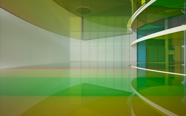 interno architettonico astratto con scultura in vetro geometrico sfumato con linee nere 3D