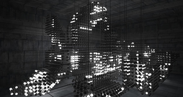 Interno architettonico astratto in cemento da una serie di sfere con grandi finestre 3D