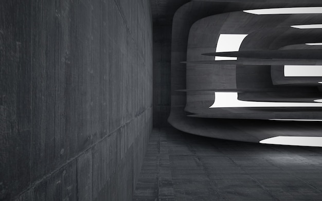 Interno architettonico astratto in cemento di una casa minimalista con illustrazione 3D di illuminazione al neon