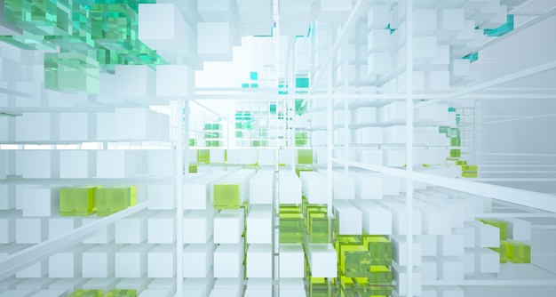 Interno astratto di vetri sfumati bianchi e colorati da una serie di cubi con finestra 3D