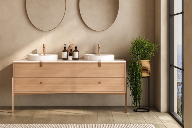 Interno bagno beige con doppio lavabo e moquette a specchio su piante da pavimento in legno Accessori da bagno e finestra in hotel studio rendering 3D