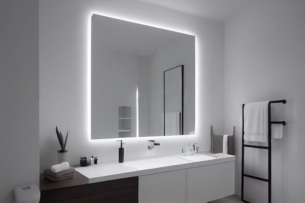 Interno bagno con finiture in legno e grande specchio a parete