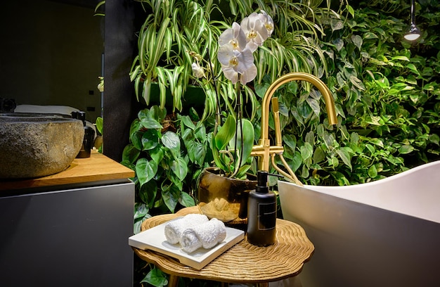 Interno bagno di lusso nella spa con vasca da giardino verticale nel moderno salone di bellezza