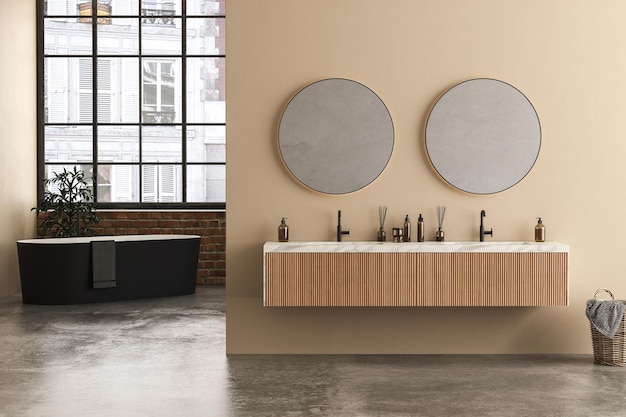 Interno bagno minimalista con pareti beige e mattoni, doppio lavabo in marmo con specchi rotondi.