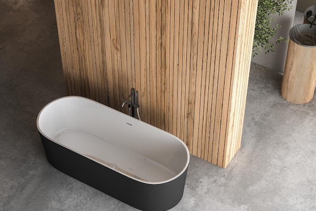 Interno bagno moderno con pavimento in cemento vasca bianca nera e doccia a doppio lavabo pianta da parete in legno e vista sulla città dalle finestre Bagno minimalista con mobili moderni rendering 3D