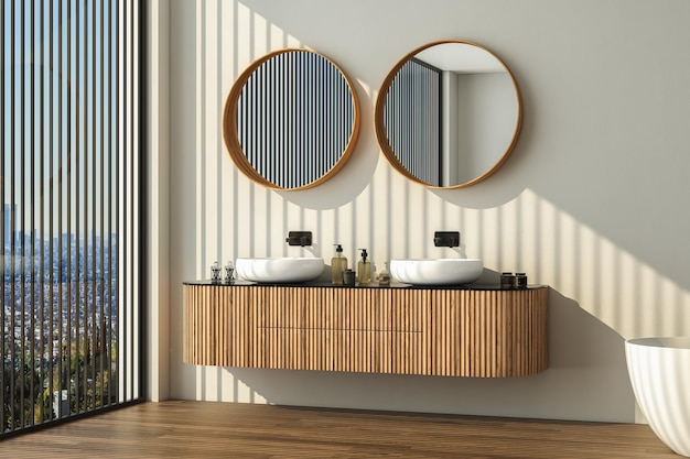 Interno bagno moderno con pavimento in parquet marrone scuro due lavandini doppi specchi vasca da bagno bianca piante interne Bagno minimalista con mobili moderni e vista città rendering 3D