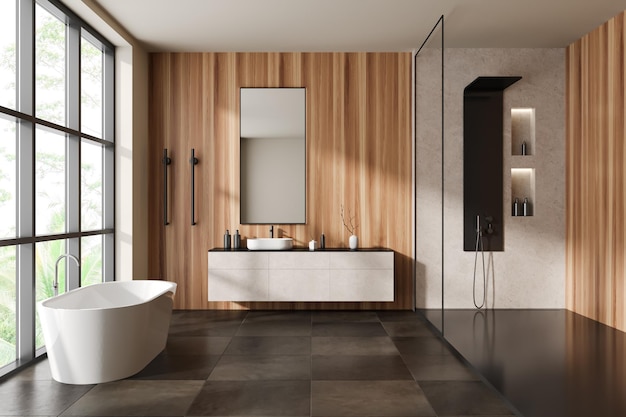 Interno bagno moderno con vasca lavabo e doccia con finestra panoramica