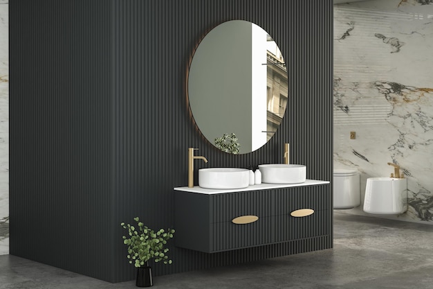 Interno bagno moderno e minimalista mobile bagno moderno doppio lavabo piante interne accessori bagno vasca e wc pareti nere e marmo rendering 3d