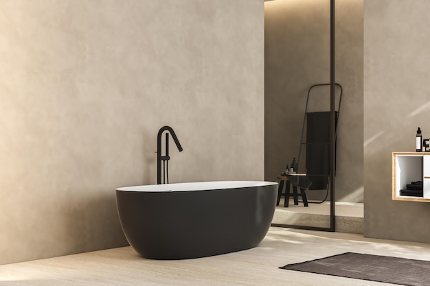 Interno bagno moderno e minimalista mobile bagno moderno lavabo bianco lavabo in legno piante interne accessori bagno vasca e doccia pareti beige vasi pavimento in granito rendering 3d
