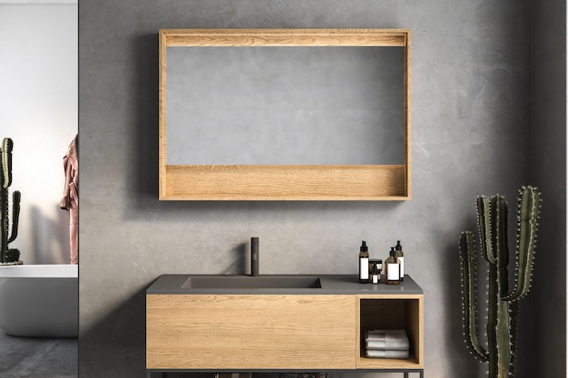 Interno bagno moderno e minimalista mobile bagno moderno lavabo bianco lavabo in legno piante interne accessori bagno vasca pareti bianche e cemento pavimento in cemento rendering 3d