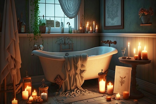 Interno bagno rustico classico a lume di candela con vasca e prodotti cosmetici generativa ai
