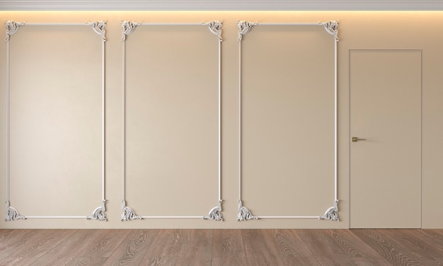 Interno beige classico moderno con retroilluminato del soffitto del pavimento di legno della porta dello stucco