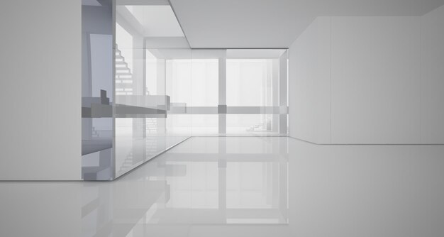 Interno bianco architettonico astratto di una casa minimalista con grandi finestre illustrazione 3D