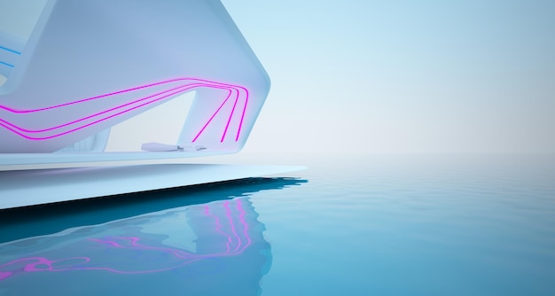 Interno bianco architettonico astratto di una villa moderna sul mare con illuminazione al neon colorata 3D