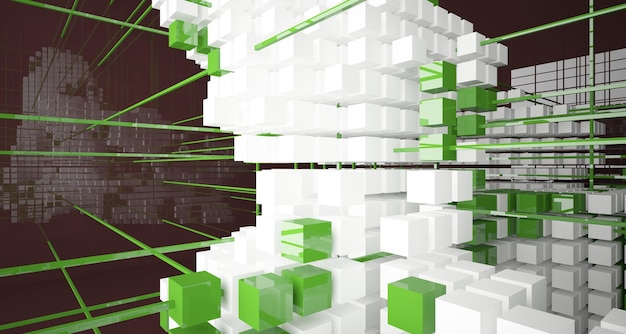 Interno bianco astratto da cubi colorati di matrice con illustrazione e rendering 3D della finestra