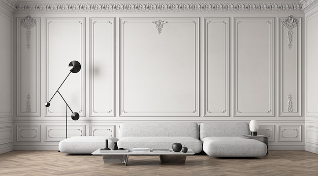 Interno bianco classico con modelle divano pavimento in legno e decorazione d render illustration mockup