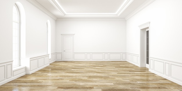 Interno bianco classico dello spazio vuoto. 3d render illustrazione.