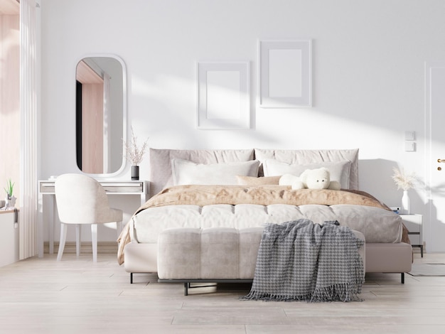 Interno bianco della camera da letto. Design scandinavo. Rendering 3D