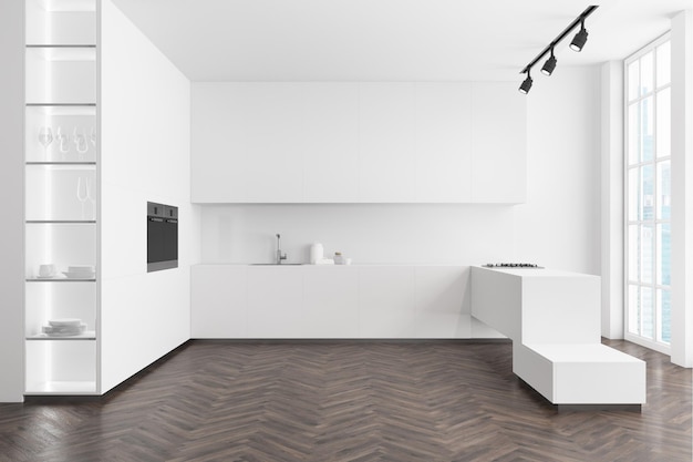 Interno bianco della cucina con pavimento in legno, controsoffitti in legno scuro e bianco e finestra panoramica. Rendering 3d mock up