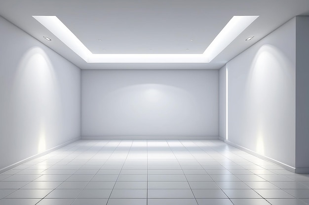 Interno bianco illuminato con proiettori luminosi Vetrina per un prodotto