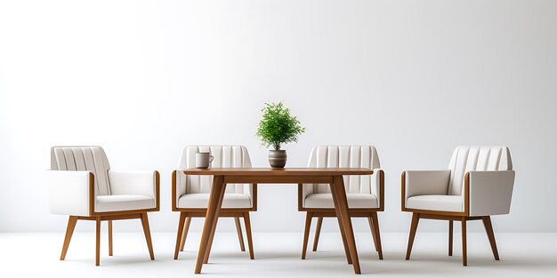 Interno bianco moderno con sedie da tavolo in legno e piante Illustrazione vettoriale