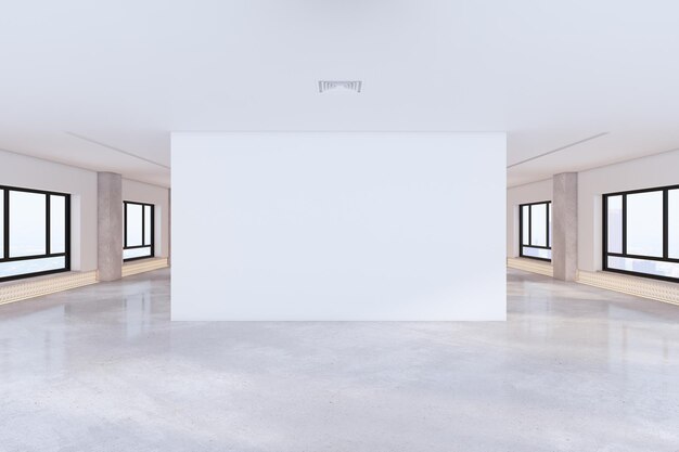 Interno bianco pulito della sala espositiva con mock up poster place e luce diurna Architettura della galleria e concetto di design 3D Rendering