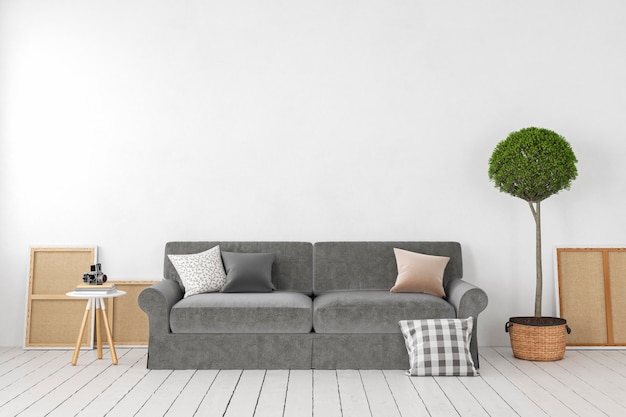 Interno bianco vuoto, muro bianco con divano, pianta, albero, cuscini. Mockup di illustrazione rendering 3D
