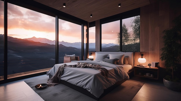 Interno camera da letto di lusso con pavimento in legno e splendida vista