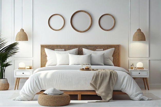 Interno camera da letto minimale con decorazioni per la casa mock up Mobili eleganti e accoglienti con intelligenza artificiale generativa