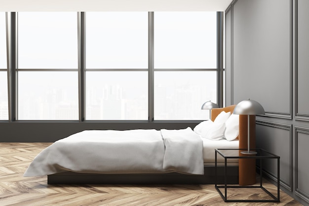 Interno camera da letto soppalcata con pareti grigie, pavimento in legno e camera da letto principale con comodino. Rendering 3d mock up